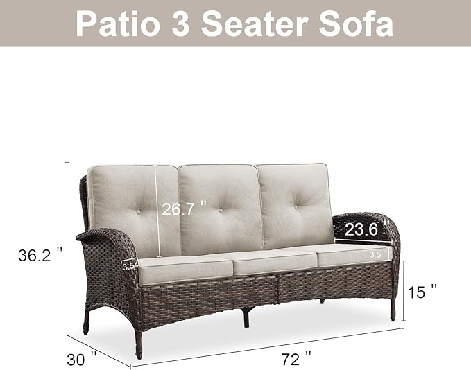 Belord Outdoor Patio Furniture - Wicker Sofa with Removable Cushion, 3 Seater Rattan Couch with Deep Seat, High Backrest, All-Weather for Balcony, Deck, Backyard, Brown/Beige