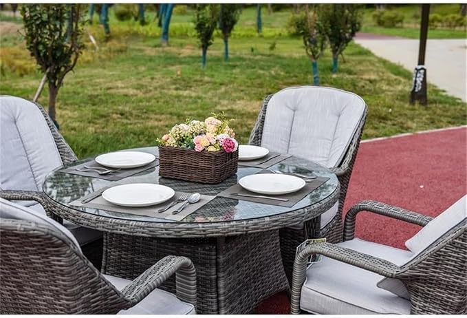 Pemberly Row 5-Piece Round Aluminum Rattan Outdoor Dining Set, Gray, Tempered Glass Table, All-Weather Wicker, Soft Cushioned Chairs, Modern Patio Furniture for Backyard or Garden