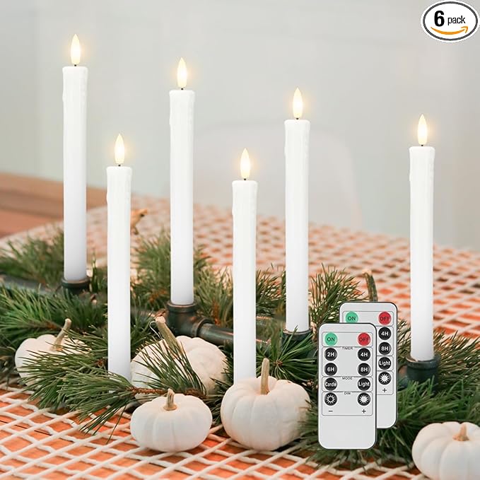 JOIONE Flameless Taper Candles with Remote, 6 Pack Real Wax LED Battery Operated Candle with Flickering Flame, Safe Home Décor for Living Room, Bedroom, and Dining Table, Dripping Wax White