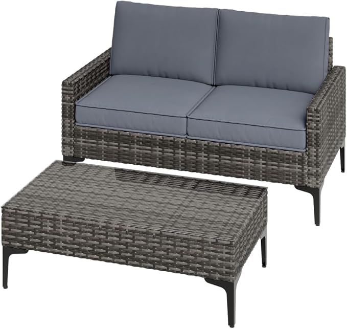2 Pieces Patio Furniture Set,All Weather Rattan Loveseat with Tempered Glass Table for Porch,Deck,Backyard,Grey