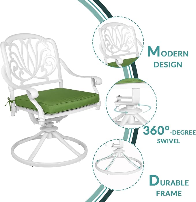 MEETWARM 5-Piece Outdoor Patio Dining Set, All-Weather Cast Aluminum Patio Conversation Set for Backyard Garden Deck with 4 Cushions Swivel Rocker Chairs and 35.4" Round Table, White