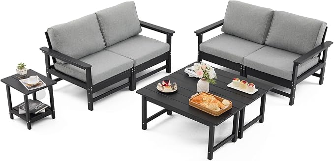 HDPE Outdoor Patio Furniture Set with Cushions, 7 Piece Patio Conversation Set Sofa Set,All Weather Outdoor Couch Set with Coffee Table for Lawn, Garden, Deck