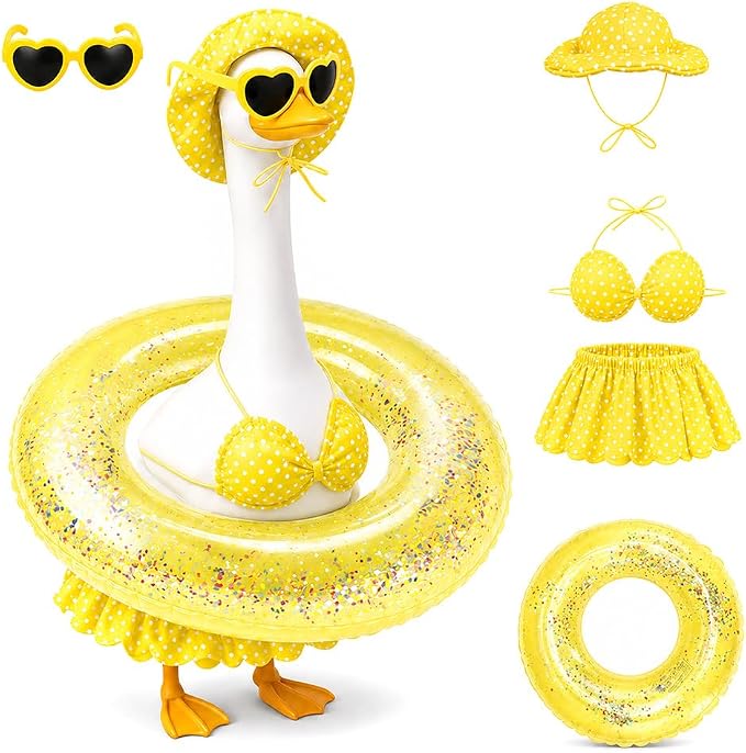 Hawaiian Porch Goose Outfits with Hat Sunglasses & Swim Ring, Summer Bikini Goose Outfit Clothes Costume Fits 23" Cement Geese Statue, Summer Garden Lawn Patio Yard Outdoor Decor (Summer style-Yellow)