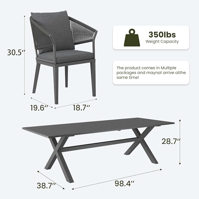 LayinSun 7 Piece Outdoor Dining Table Set, Aluminum Modern Rectangular Dining Table and All-Weather Wicker Chairs Set for Patio Deck Indoor Decor Kitchen