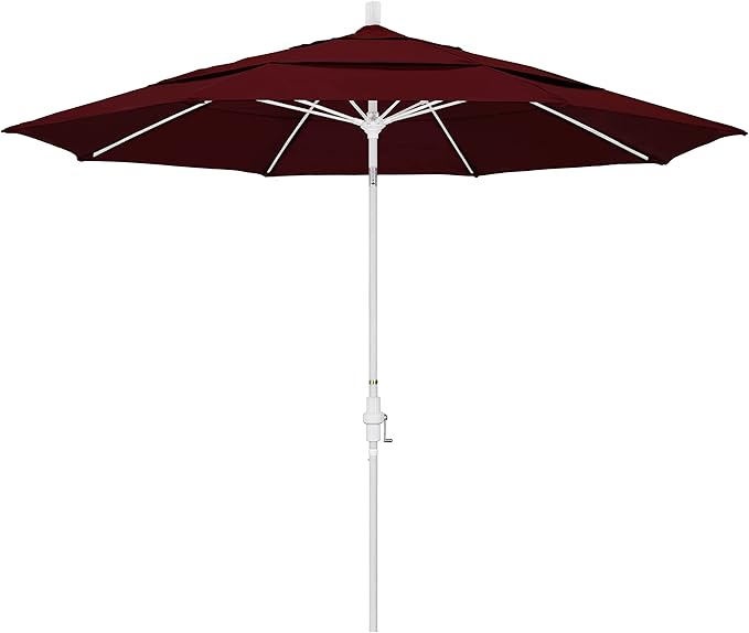 California Umbrella 11' Rd. Fiberglass Rib Patio Umbrella, Crank Lift, Collar Tilt, White Pole, Burgundy