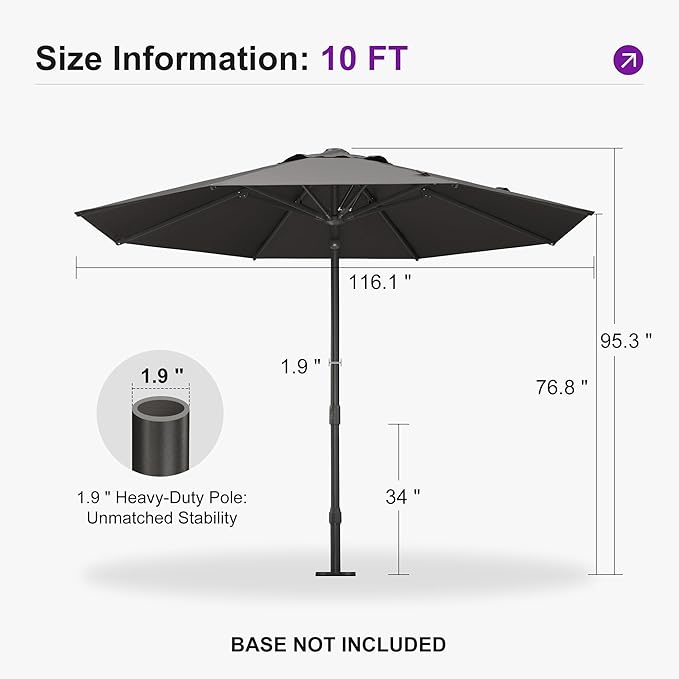 PURPLE LEAF 10Ft Round Semi-Auto Outdoor Patio Umbrella Aluminium Market Umbrella Table Sun Umbrella with 1.89" Rod and 8 Sturdy Ribs for Deck Lawn Pool Garden, Gray