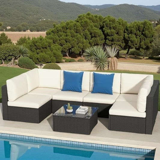 YITAHOME 7 Pieces Outdoor Patio Furniture Set, Sectional Sofa PE Rattan Wicker Conversation Set Outside Couch w/Table and Cushions for Porch Lawn Garden Backyard, Black