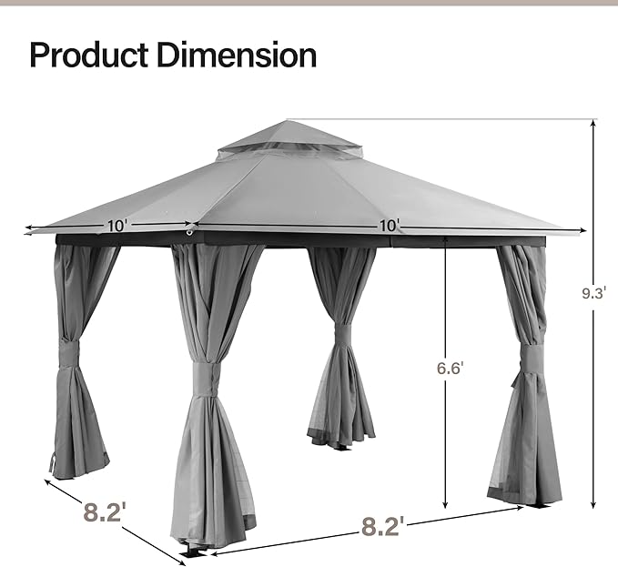 LAUSAINT HOME Patio Gazebo 10'x10', Outdoor Heavy Duty Party Tent Shelter with Double Roofs, Mosquito Nettings and Privacy Screens for Backyard, Garden, Lawn, Gray