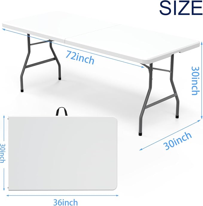 VTOY 6FT（30"x72"） Folding Table, Indoor Outdoor Heavy Duty Table with Carrying Handle,Portable Plastic Fold up Table for Picnic/Party/Camping/Office/School