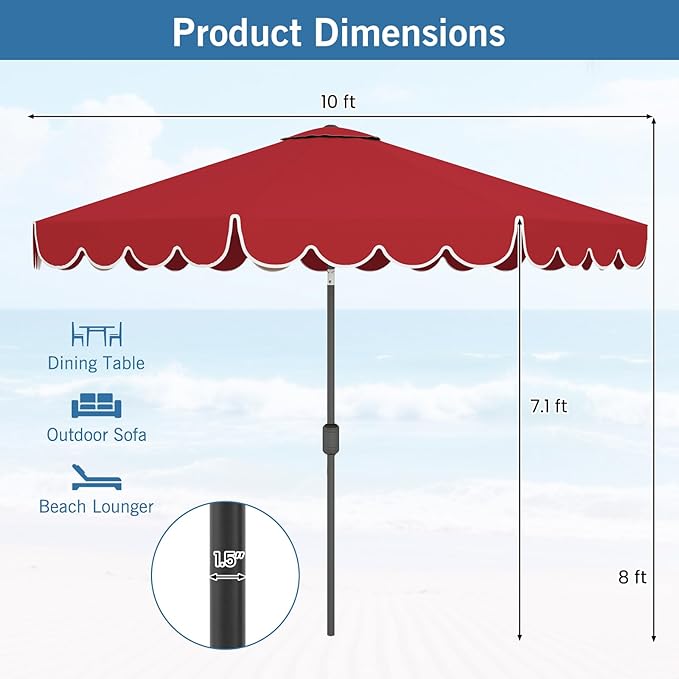RELAX4LIFE 10 FT Scalloped Patio Umbrella, Market Table Umbrella with Push Button Tilt, Crank, 8 Sturdy Metal Ribs, Vented Top, Sun-Protective Ruffled Canopy, Heavy-duty Outdoor Parasol for Garden Poolside Deck