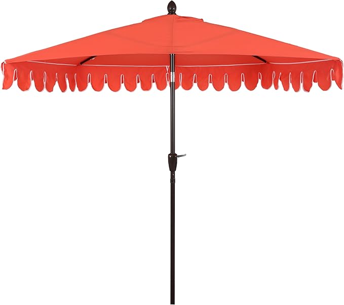 JONATHAN Y Terrace Scalloped 9 ft. Half Round Patio Umbrella with Crank Lift and Tilt, Coastal Semicircle Market Wall Umbrella for Balcony, Coral Red/White, Dark Brown Pole UMB1202A