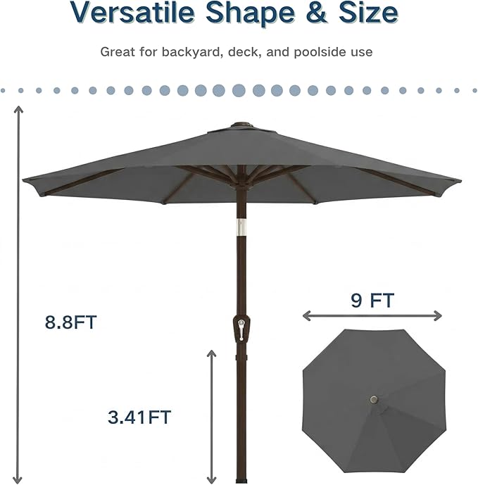 PatioKingdom 9FT Patio Outdoor Umbrella-UPF 50+ Sun Shade with Wind Vent, Push-Button Tilt & Smooth Crank Lift, Rust-Resistant Fiberglass Frame for Garden, Backyard,Yard (Gray)