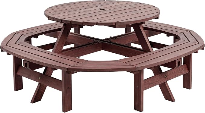 Garvee 8 Person Wooden Picnic Table, Outdoor Picnic Tables with 4 Built-in Benches, Circular Camping Dining Table and Chairs Set with Umbrella Hole for Garden, Patio, Backyard, Walnut Brown