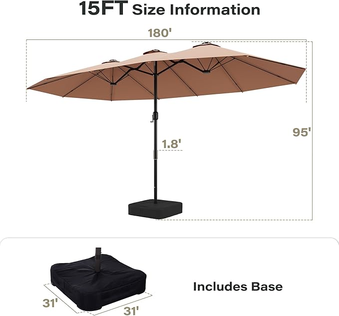 EO Living 15ft Large Patio Umbrella, Double-Sided Rectangle Outdoor Umbrella with Base Included, Table Umbrella for Poolside Deck Market (Beige)