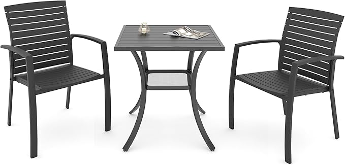 Outdoor Patio Aluminum Chairs and 27.5" Square Table Small Dining Set of 3 | Aluminum Frame Chairs, Resin Chair Seat, Resin Chair Back, 2 Piece Chairs, 1 Piece Black Metal Square Table