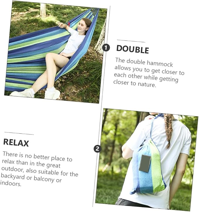 Toddmomy Double Camping Hammock for Two Adults, Blue Widened Canvas Hanging Swing, Thickened Portable Outdoor Travel and Garden Hammock with Reinforced Straps