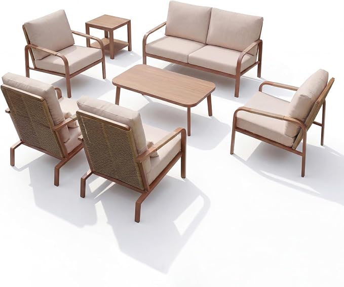 7-Piece Aluminum Outdoor Patio Furniture Set, Modern Conversation Set with Sofa, Loveseat, Chairs, Coffee Tables & Washable Cushions for Backyard Garden Balcony Deck