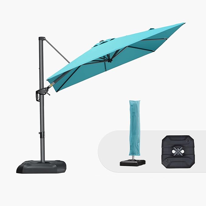 PURPLE LEAF 8'×8' Patio Cantilever Umbrella with Base Included Offset Outdoor Umbrella with Cover Square Outdoor Patios for Backyard Pool Garden Turquoise Blue