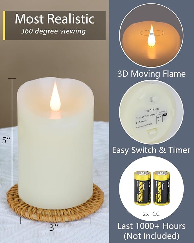 TECHLONG Flameless Candles Flickering 3D Moving Flame, Last 1000+ Hours Battery Operated Candles with Timer, Ivory Real Wax Electric LED Pillar Candles for Home Wedding Decoration | 3" x 5"