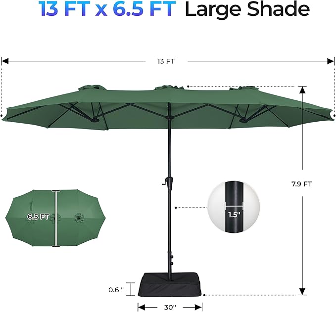 SUPERJARE 13FT Outdoor Patio Umbrella with Base Included, Double Sided Pool Umbrellas with Fade Resistant Canopy, Large Table Umbrella for Deck, Market, Backyard - Forest Green