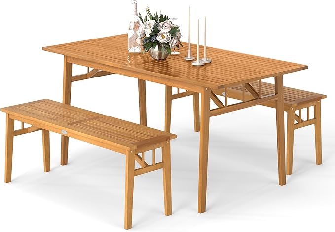 Tangkula 3 Pieces Patio Dining Set, Acacia Wood Space Saving Outdoor Rectangular Picnic Table with 1.97” Umbrella Hole and 2 Benches, for Yard, Garden and Poolside