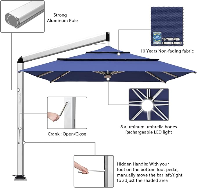 EliteShade USA Atlas 3-Tier 10x10FT Full Aluminum Cantilever Patio Umbrella for Outdoor Restaurant Garden Courtyard Deck Pool and Marketing with Light (No battery), Navy Blue