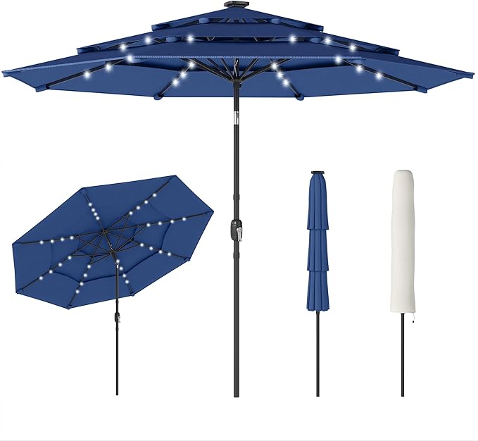 Outsunny 9.7 ft Outdoor Patio Umbrella with 32 Solar LED Lights, 3 Tier Outdoor Table Market Umbrella with Tilt and Crank, 8 Ribs for Garden, Deck, Yard, Poolside