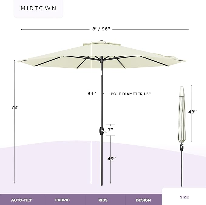 Midtown Umbrellas - The Lean 8 Ft Patio Umbrella with Fade-Resistant Sunbrella Fabric, Auto-Tilt Aluminum Frame and 8 Reinforced Ribs for Deck, Pool & Garden - Canvas Natural Canopy, Black Pole