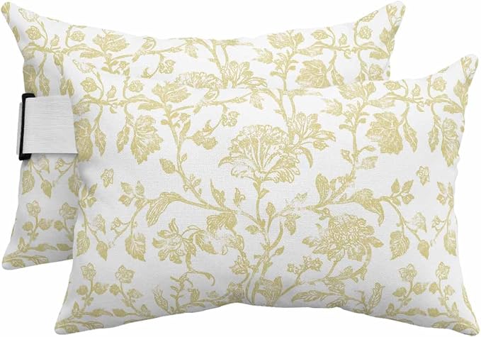 Pack of 2 Outdoor Lumbar Pillow Covers 11x16 Inch, Yellow Flower Waterproof Throw Pillow Covers Set, Vintage Farmhouse Boho Leaf Spring Plant Indoor&Outdoor Cushion Cases for Patio Porch Beach