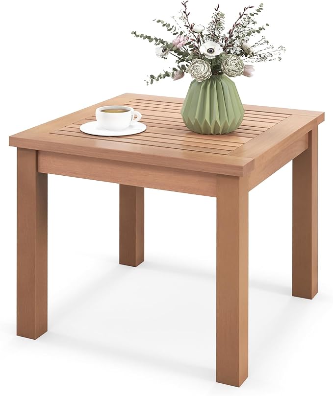 HAPPYGRILL Outdoor Side Table Eucalyptus Wood Square End Table, Wood Patio Table with Slatted Tabletop for Backyard Poolside Porch