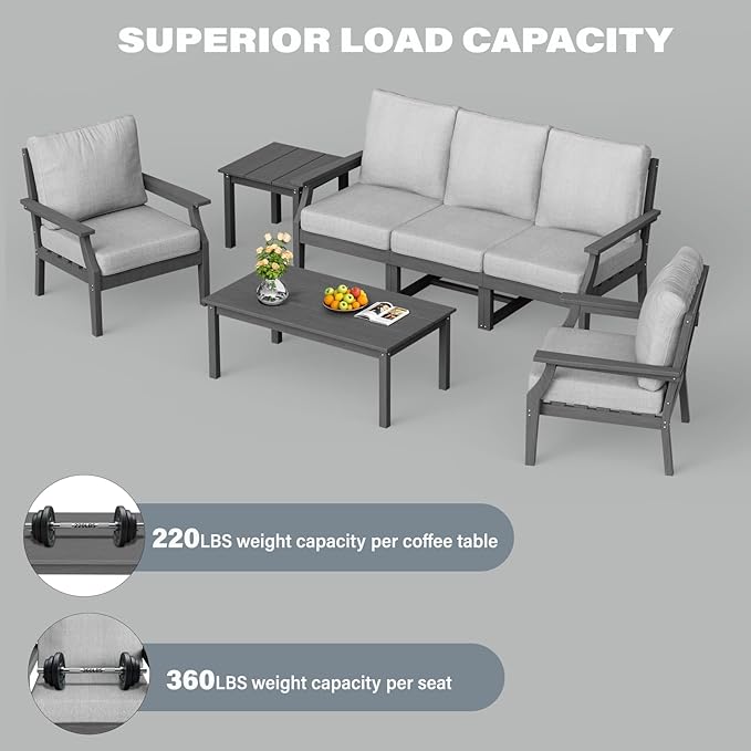 HDPE Patio Conversation Set, 7-Piece All Weather Outdoor Furniture Set with 2 Single Armchairs for Deck, Lawn, with Cushion, Gray