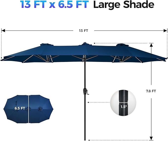 SUPERJARE 13ft Outdoor Patio Umbrella with Solar Lights, Double-sided Deck Pool Umbrella with 1.5 Inch Pole, Fade Resistant Canopy, 12 Sturdy Ribs, for Porch, Market, Backyard, Navy Blue(No Base)