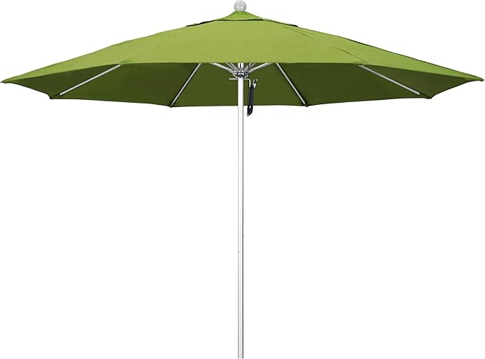 California Umbrella 11Ft Commercial Grade Sunbrella Fabric Market Umbrella, Pulley Lift, Aluminum/Fiberglass, 2mm pole wall, Silver Frame, Macaw Fabric