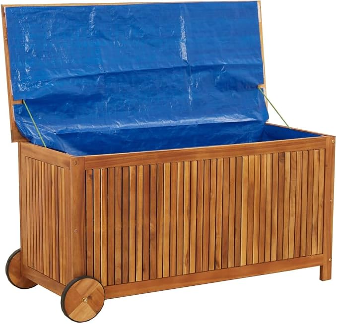 Solid Acacia Wood Outdoor Storage Box with Wheels, Brown, 44.5 x 19.7 x 22.8 in, Large Garden Deck Box for Patio Furniture and Poolside Organization