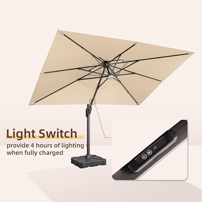 9 X 12 FT Cantilever Outdoor Patio Umbrella with Base Included Large Heavy Duty 360° Rotation Double Top Offset Rectangular Umbrellas with LED Lights for Backyard Outside Deck, Beige
