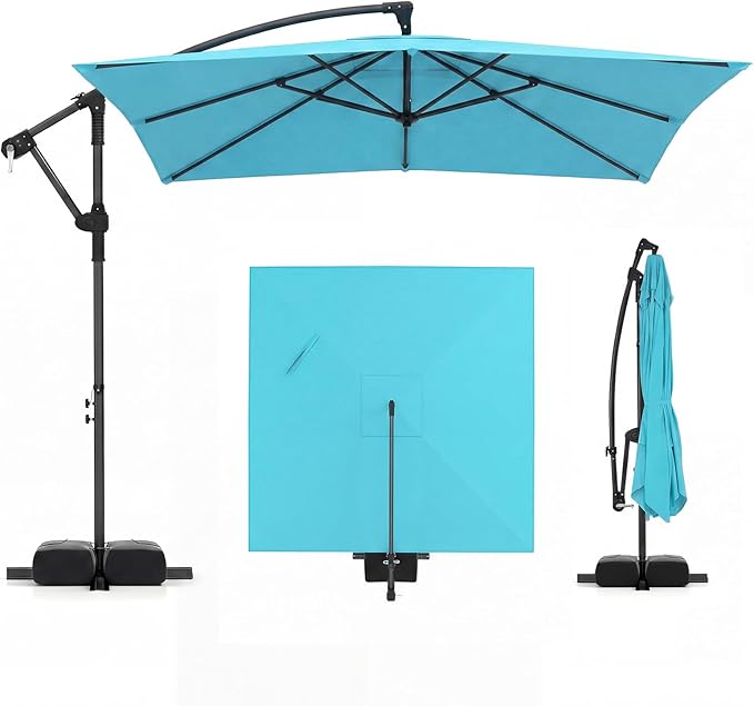 Tangkula 8x8 FT Patio Umbrella with Base Included, Square Offset Cantilever Outdoor Umbrella with 360 Degree Rotation, Crank Handle, Sandbags, 8 Ribs for Pool Deck Garden Backyard
