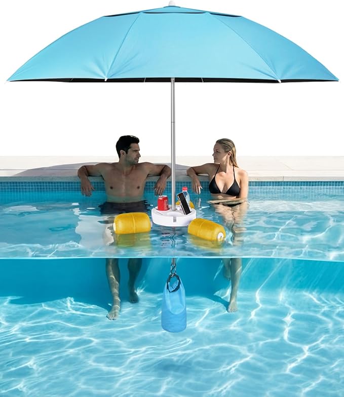Floating Pool Umbrella 6.6ft - Portable UV Sun Shade Canopy with 3 Drink Holders, Stability Anchor Bag & Secure Floating Design - In-Water Use for Swimming Pools, Lakes, Beach and Outdoor Leisure
