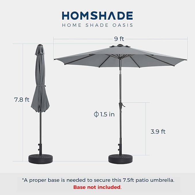 HOMSHADE 9ft Outdoor Patio Umbrella - UPF50+ UV Protection Market Patio Table Umbrella with Push Button Tilt, Crank and 8 Sturdy Ribs for Pool Deck and Garden (Grey, No base)