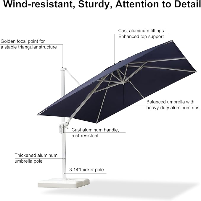 PURPLE LEAF 10 FT Patio Umbrella White Cantilever Umbrella Aluminum Square Outdoor Offset Umbrella Hanging Windproof with 360° Rotation for Garden Deck Pool, Navy Blue