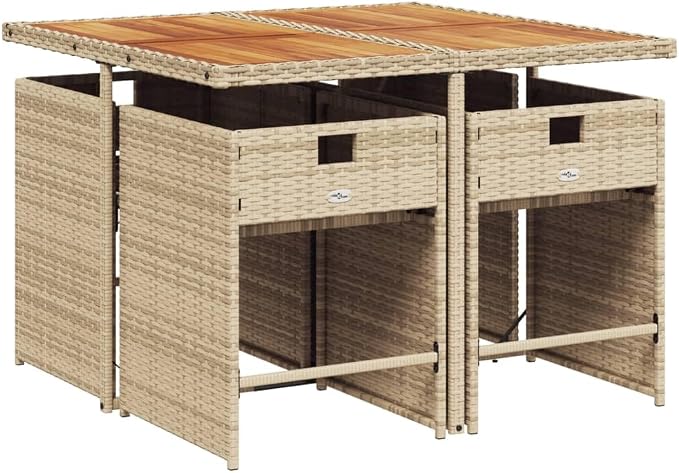 5 Piece Outdoor Dining Set with Cushions Beige Poly Rattan, Patio Table and 4 Folding Chairs for Garden Backyard, UV-Proof PE Rattan Acacia Wood Tabletop, 242.5lb Capacity Seats