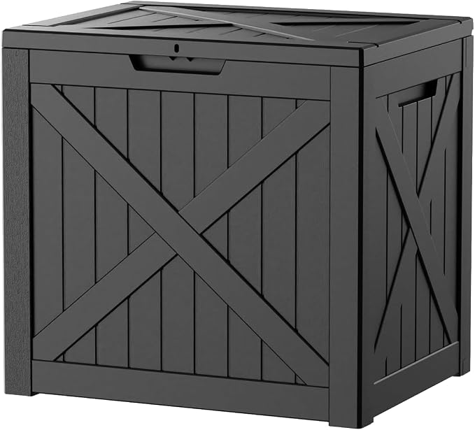 AmaVins Outdoor Storage Box, 31 Gallon Deck Box Indoor and Outdoor Use, Waterproof Resin Storage Bin for Package Delivery, Patio Cushions, Gardening Tools, Lockable, UV Resistant, Black