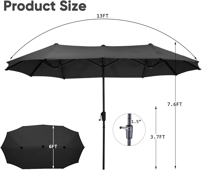 13Ft Large Patio Umbrella Outdoor Double-Sided Market Umbrella w/Easy Crank for Yard, Poolside, Deck, Black