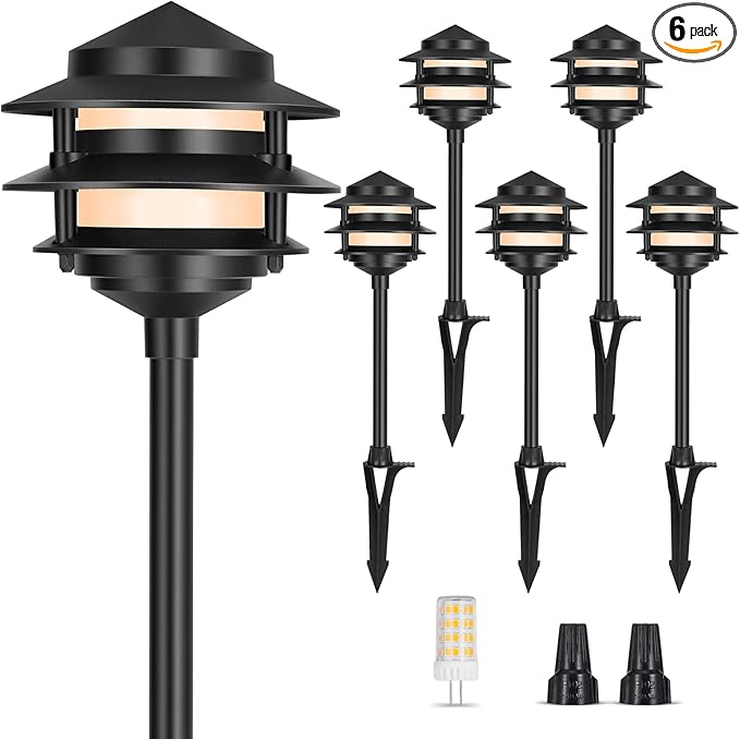 Gardencoin Pagoda Low Voltage Landscape Pathway Lights, 12V Outdoor LED Path Lights Wired, Aluminum Walkway Lighting with 4W 2700K Replaceable G4 Bulb, Classic 3-Tier Lantern, 6 Pack
