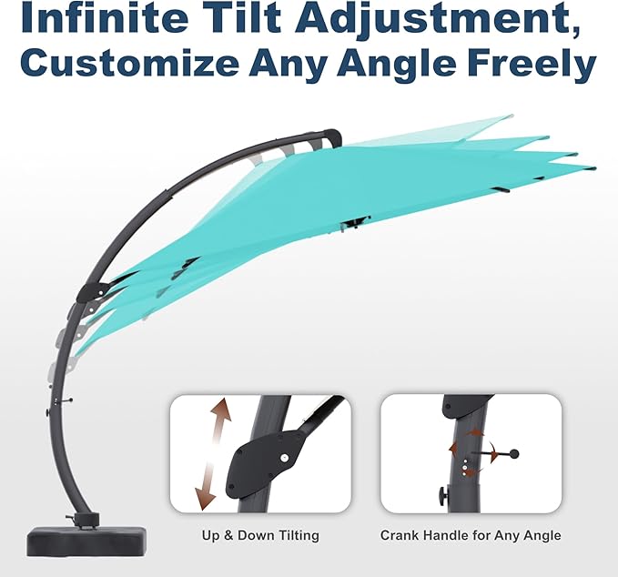 12FT Cantilever Umbrella with Base Large Curvy Outdoor Aluminum Offset Umbrella w/ 360° Rotation, UV Resistant Canopy for Patio, Garden, Backyard, Turquoise Blue
