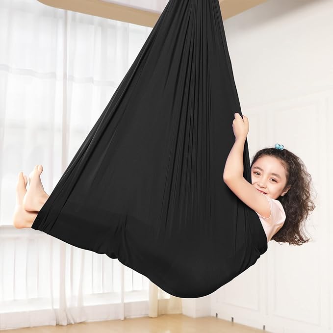 Yoga Swing for Kids Hammock Children Hangin Indoor Outdoor Autism Aspergers,ADHD Kids Hangin Therapy Swing 110inch x 59inch (Hardware Included) Black