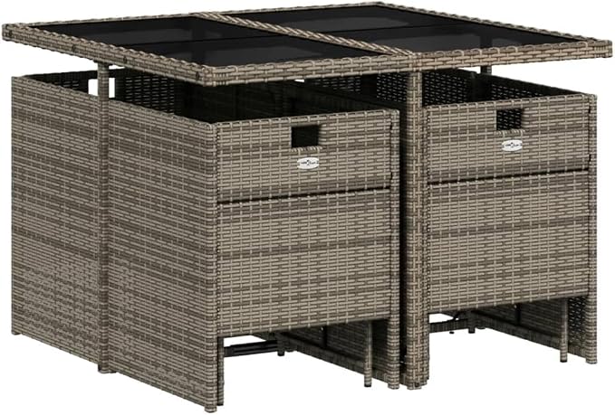 9 Piece Garden Dining Set with Cushions Grey Poly Rattan Outdoor Patio Furniture Table and 4 Chairs with Foldable Backrest Tempered Glass Top Navy Blue Cushions Space Saving Stackable