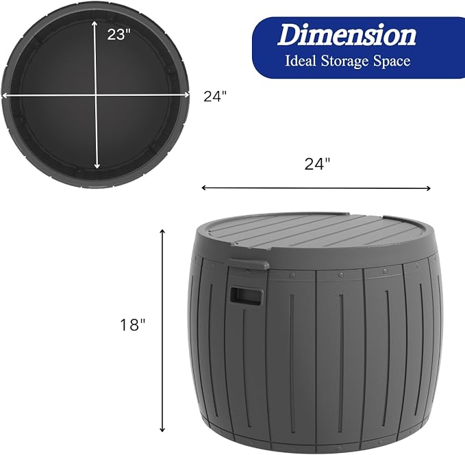 ZZM 33 Gallon Round Deck Box, Patio Side Table for Cushion, Picnic Bucket, Small Bench Seat, All-Weather & Portable, Gray