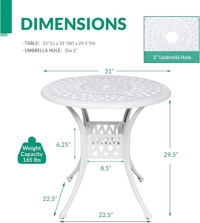 VIVIJASON 31" Patio Bistro Table Outdoor Dining Round Table White Cast Aluminum Table with Umbrella Hole