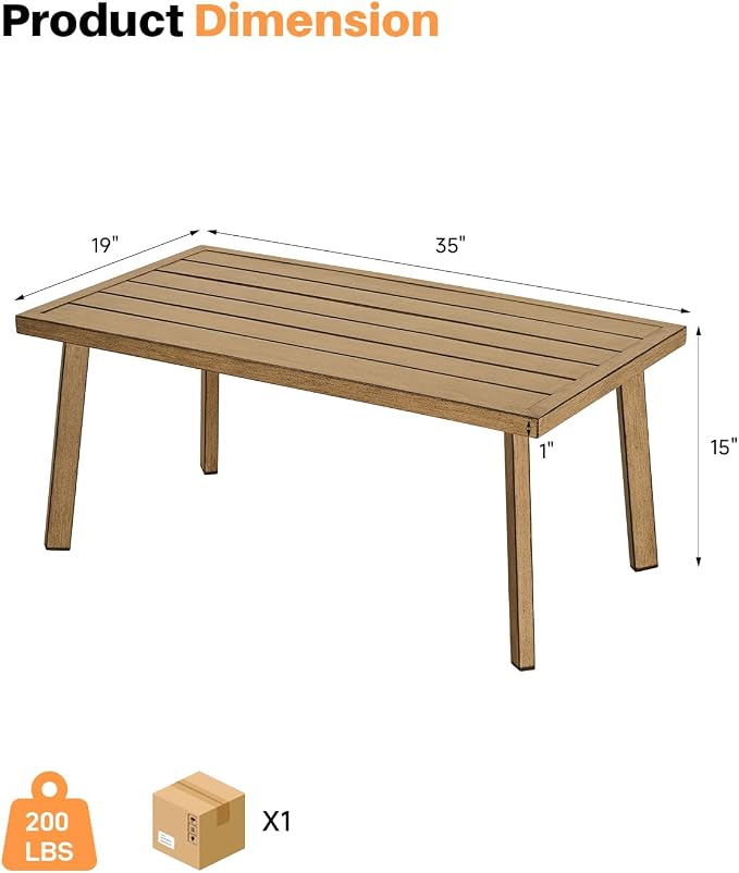 Patio Coffee Table, Never-Rust Aluminum Outdoor Coffee Table with Wood Grain Texture, Modern Rectangle Garden Coffee Table with Slatted Tabletop for Porch, Decks, Indoor, Balcony, Teak
