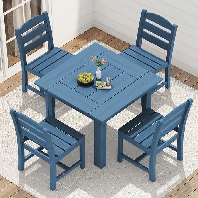 KINGYES 5-Piece HDPE Outdoor Dining Set for 4, Square Patio Table & Armless Chairs with Umbrella Hole, All-Weather Patio Dining Set for Backyard, Garden, Lawn & Poolside, Blue